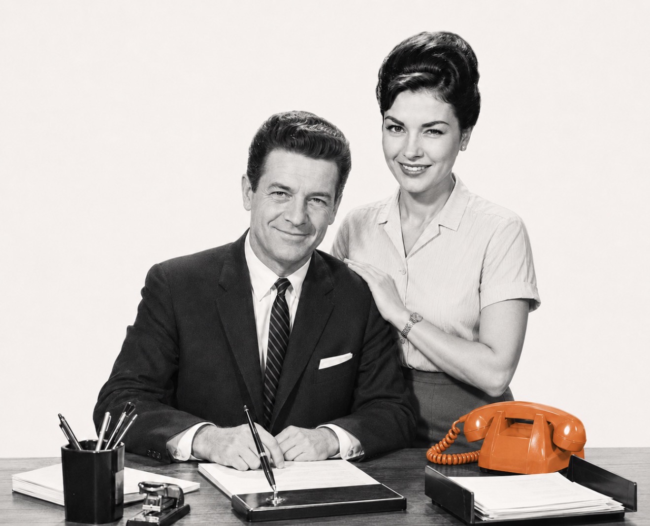 Herr und Frau Schmidt gemeinsam am Schreibtisch mit orangefarbenem Retro-Telefon